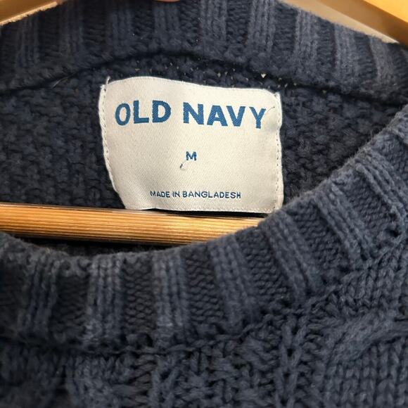 Old Navy Cozy Cable-Knit Cotton Sweater Mens Medium Navy Blue Fisherman Crewneck - Picture 3 of 7